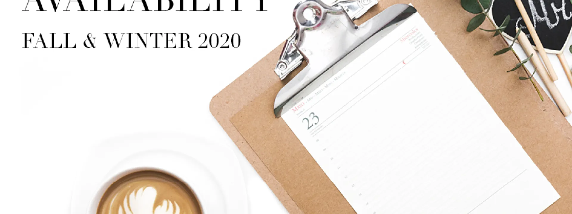 Wedding vendor availability for fall and winter 2020, with a coffee, calendar and clipboard.
